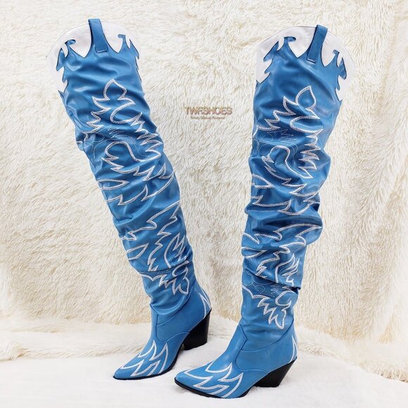 Turquoise Blue Embroidered White Western OTK Thigh High Slouch Cowboy Boots - Picture 4 of 15
